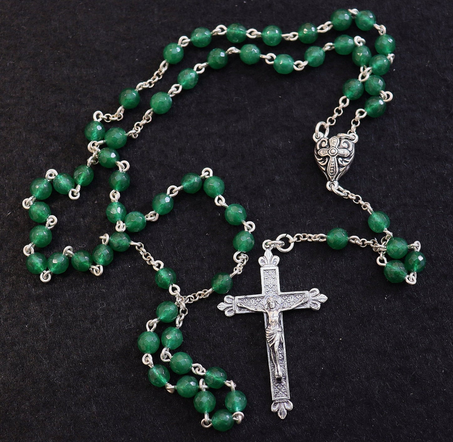 Catholic Chain Rosary Genuine Faceted Emerald and Sterling Silver