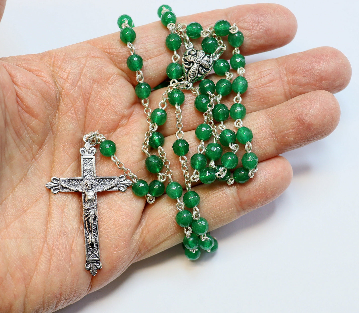 Catholic Chain Rosary Genuine Faceted Emerald and Sterling Silver