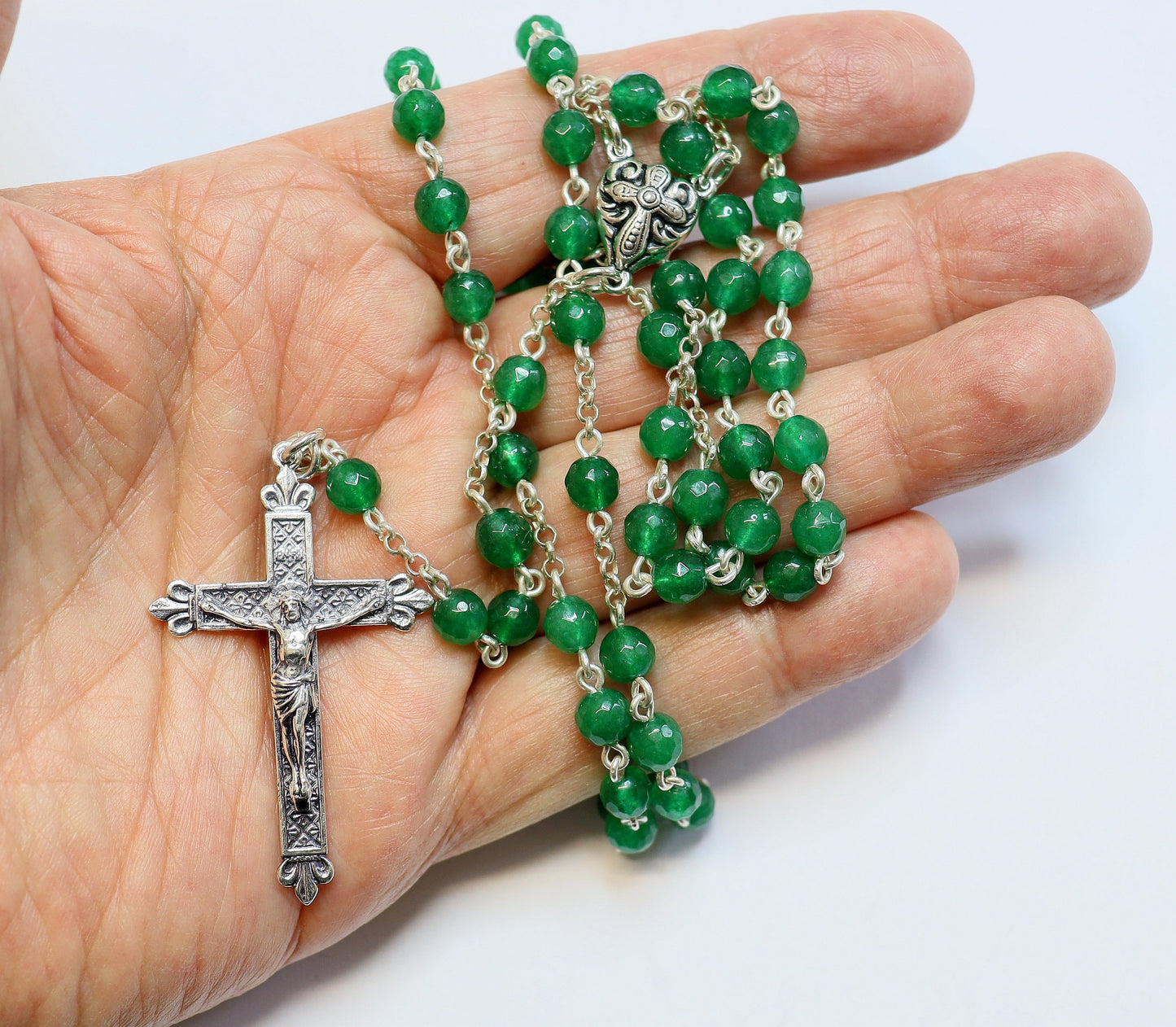 Catholic Chain Rosary Genuine Faceted Emerald and Sterling Silver