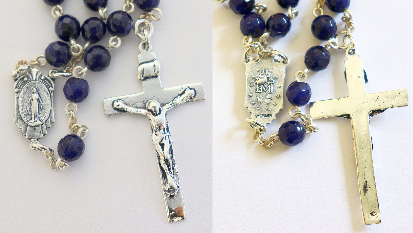 Catholic Chain Rosary Genuine Faceted Sapphire and Sterling Silver