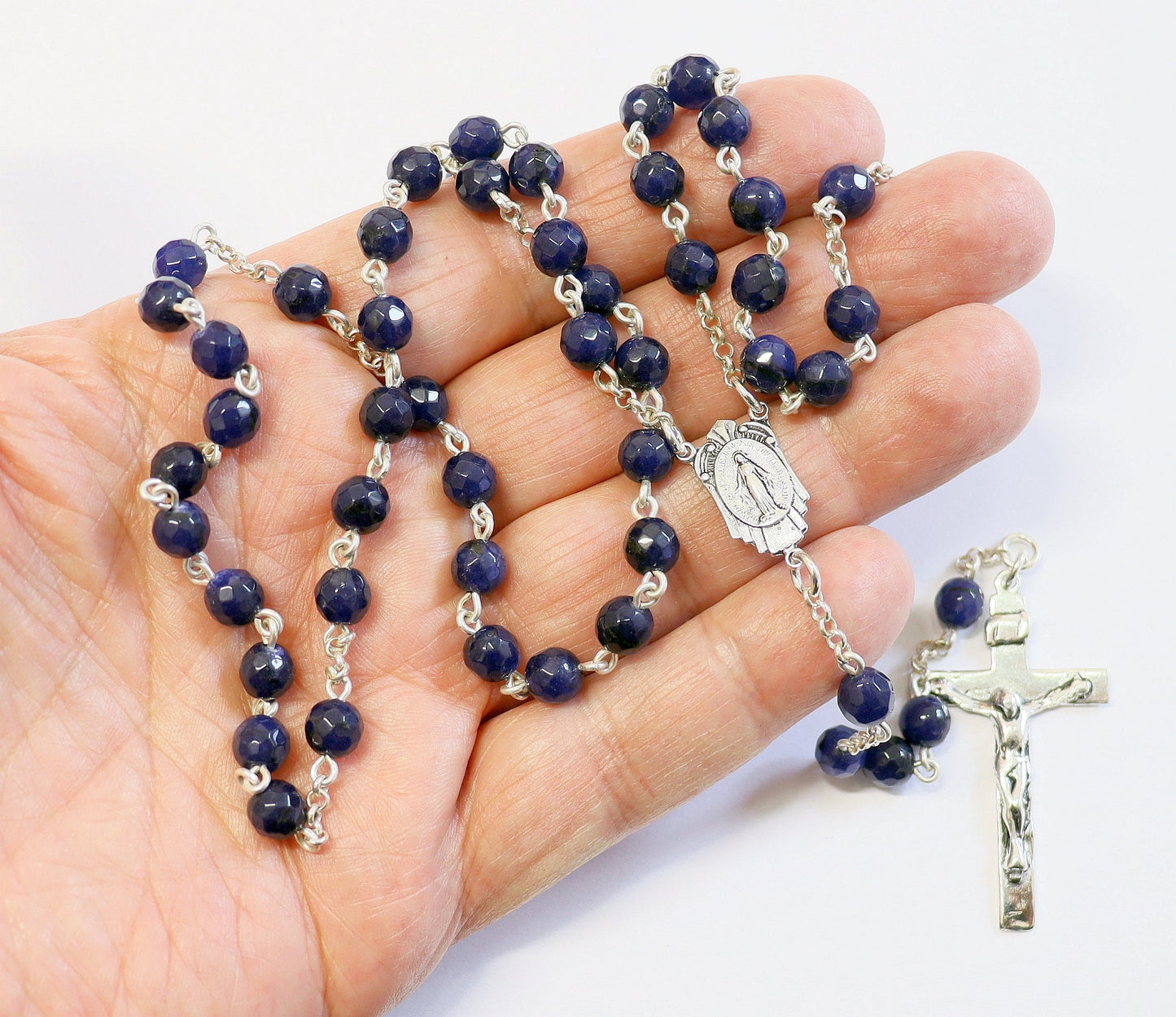 Catholic Chain Rosary Genuine Faceted Sapphire and Sterling Silver