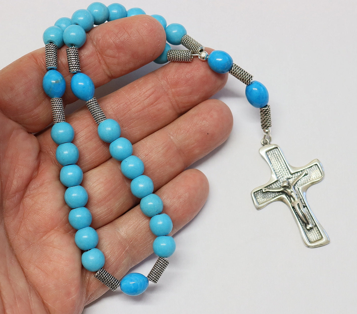 Anglican Episcopal Rosary Prayer Beads Blue Turquoise and Sterling Silver
