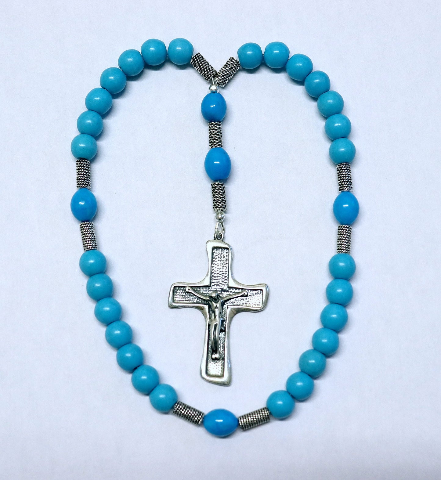 Anglican Episcopal Rosary Prayer Beads Blue Turquoise and Sterling Silver