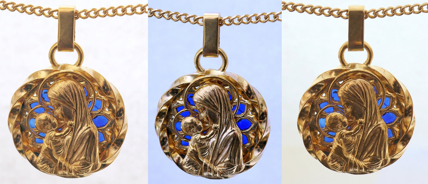 Plique-à-Jour Vintage Gold Plated V. Large Mary & Jesus Pendant w Chain by Augis