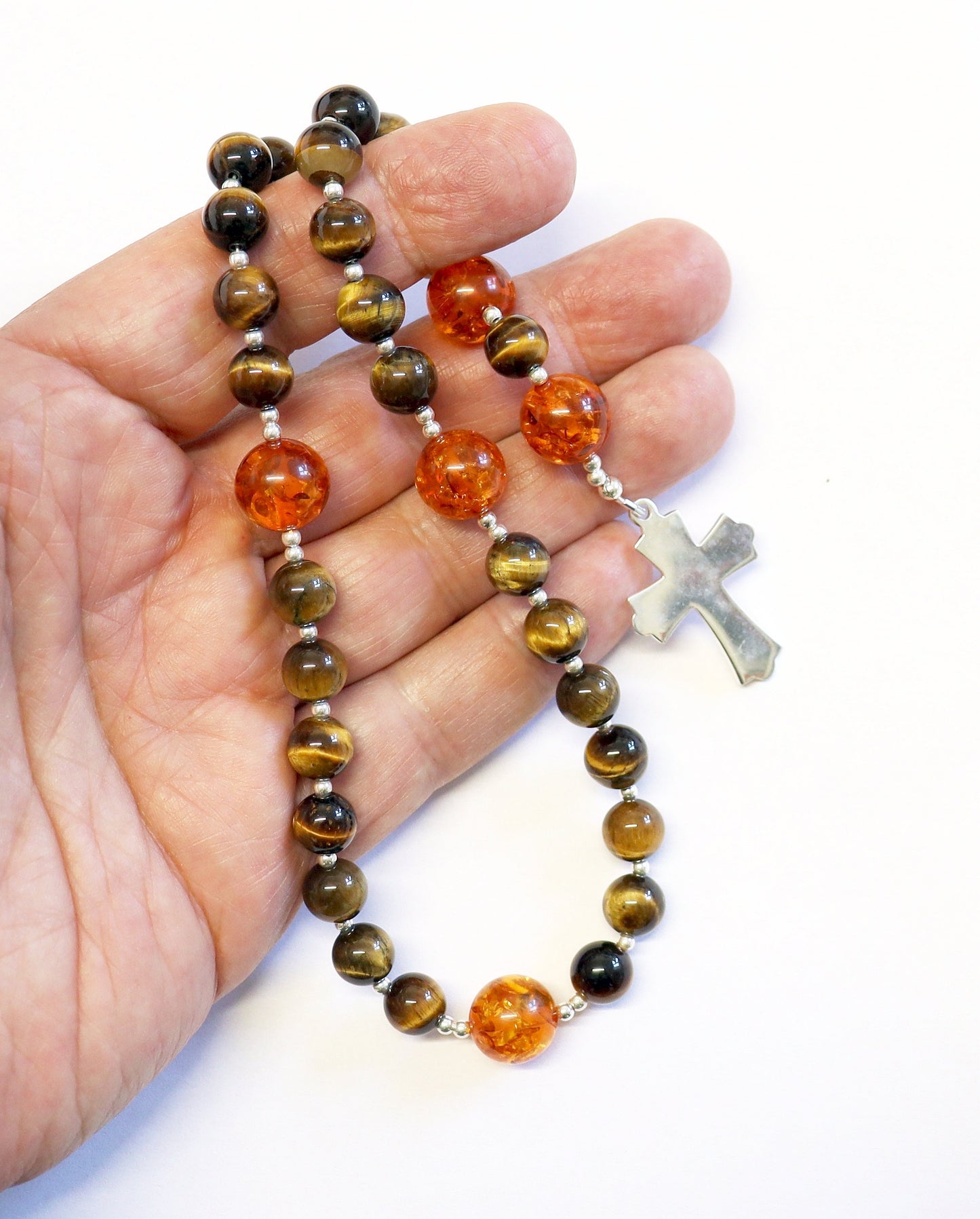 Anglican Episcopal Rosary Prayer Beads Tiger Eye, Amber and Sterling Silver