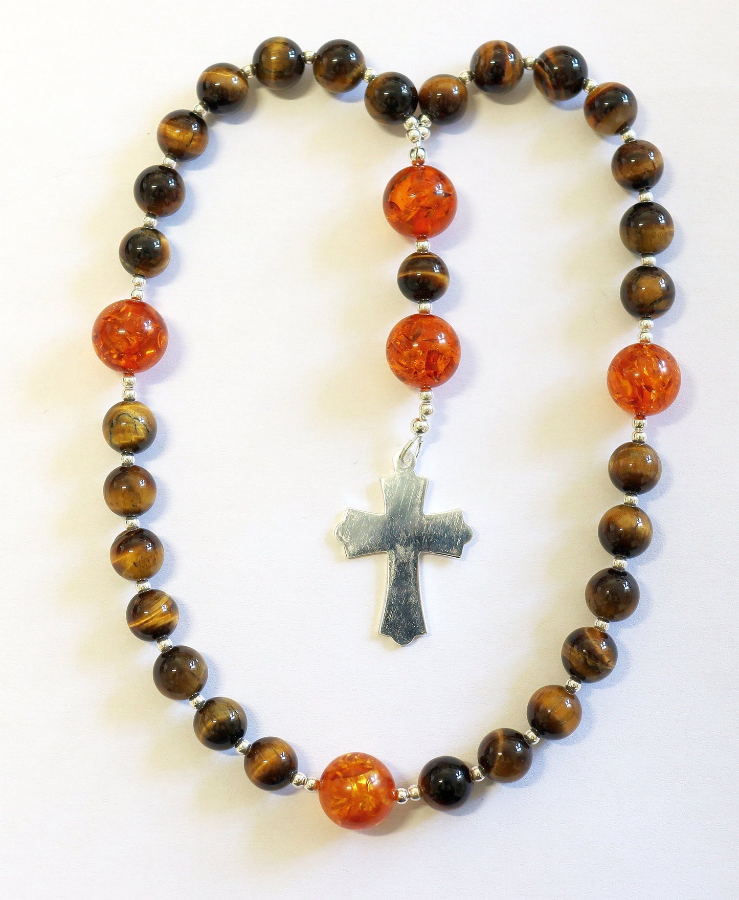Anglican Episcopal Rosary Prayer Beads Tiger Eye, Amber and Sterling Silver