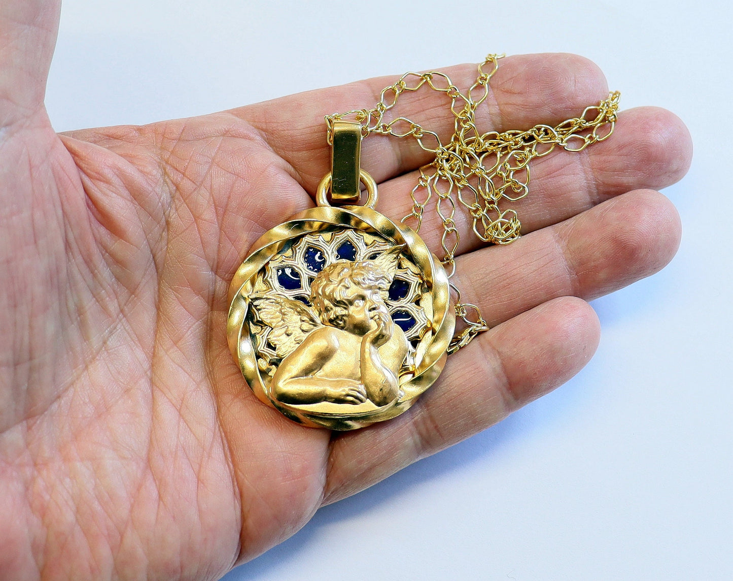 Vintage Gold Plated Plique-à-Jour V. Large Raphael Angel Putto Pendant Signed Augis w Vermeil Chain