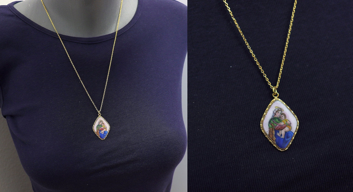 Vintage Mary and Child Porcelain Medal Necklace: Hand Painted Gold Plated Pendant