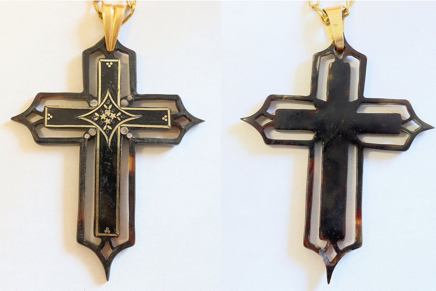 V. Rare French Shell & 18 K Gold Pectoral Cross Napoleon III w chain - Pristine
