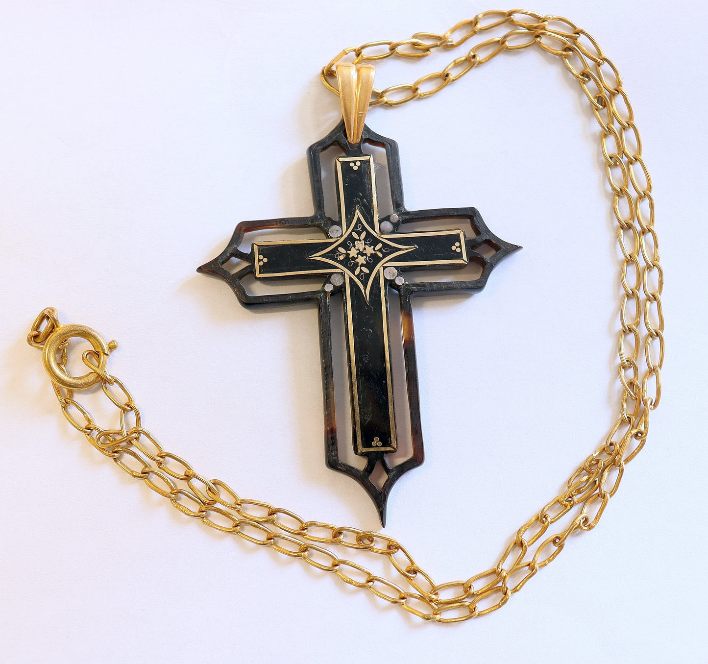 V. Rare French Shell & 18 K Gold Pectoral Cross Napoleon III w chain - Pristine