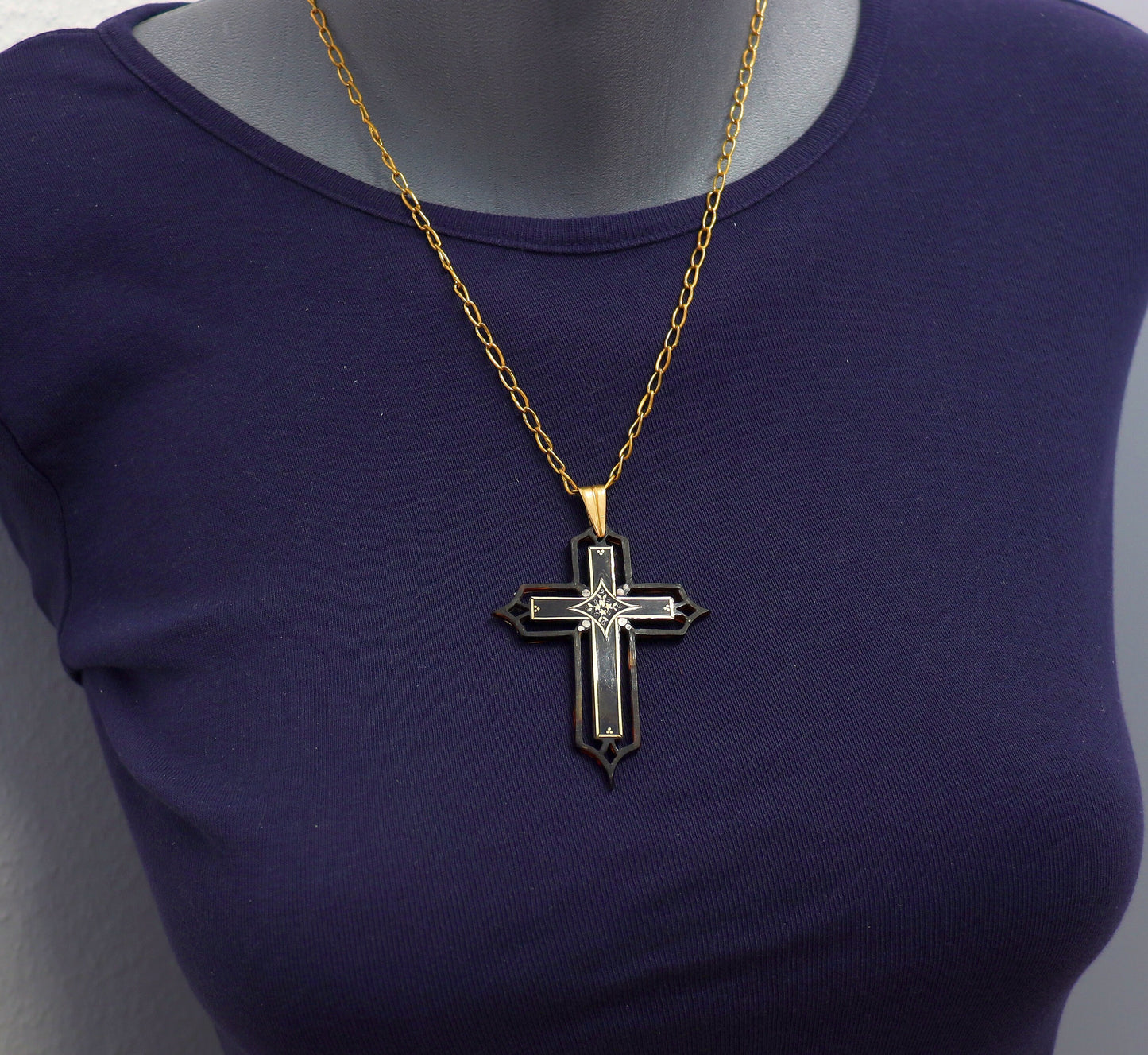 V. Rare French Shell & 18 K Gold Pectoral Cross Napoleon III w chain - Pristine