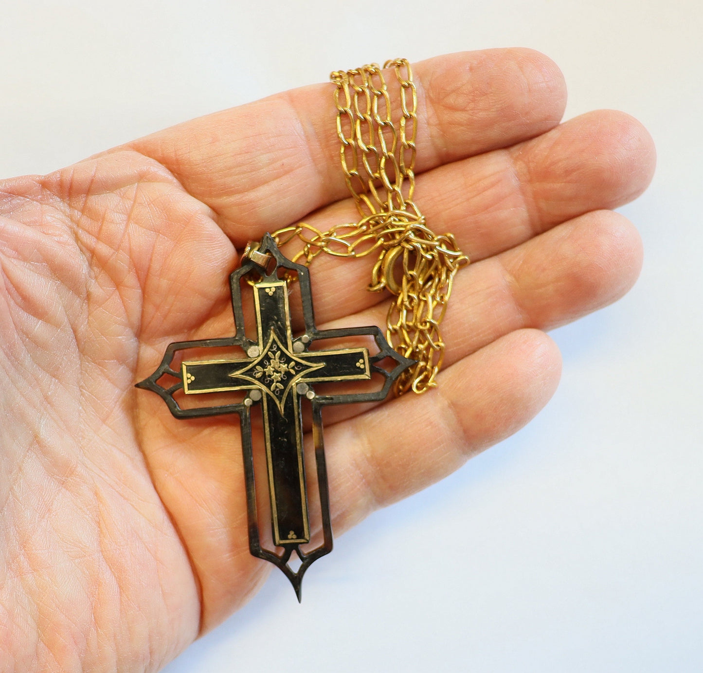 V. Rare French Shell & 18 K Gold Pectoral Cross Napoleon III w chain - Pristine