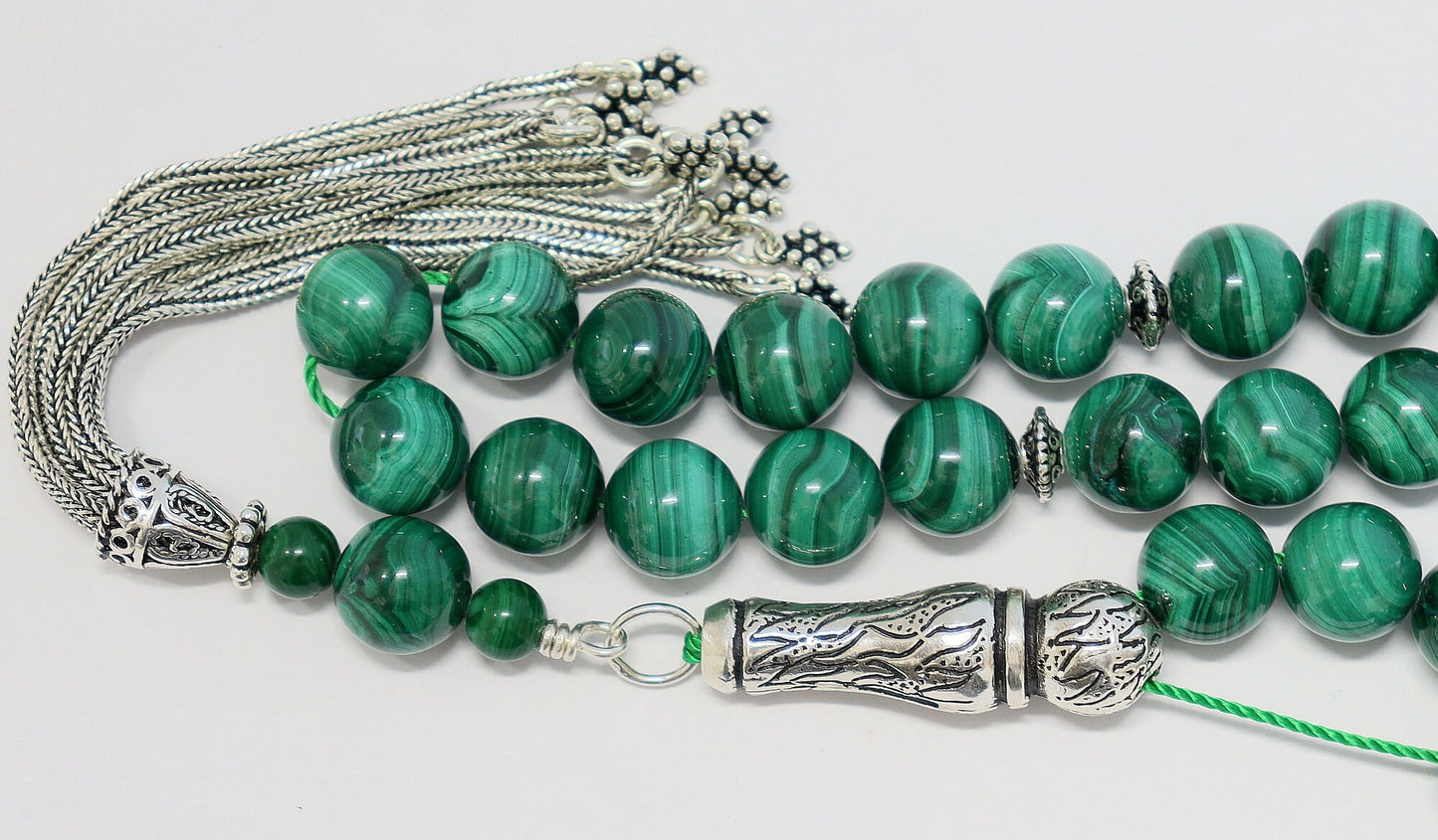 Luxury Prayer Beads Tesbih Rosary AA Grade Malachite & Sterling Silver -Top quality - Large item, Collector's