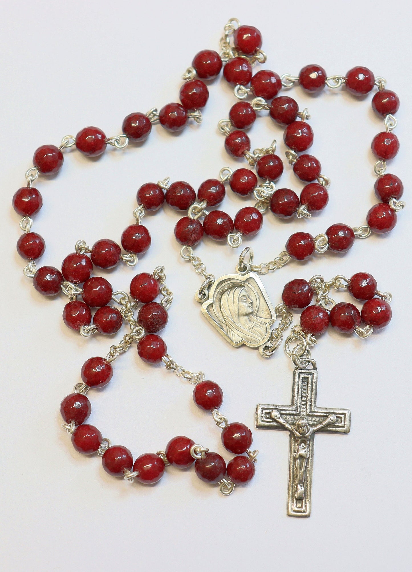 Catholic Chain Rosary Genuine Faceted Ruby and Sterling Silver