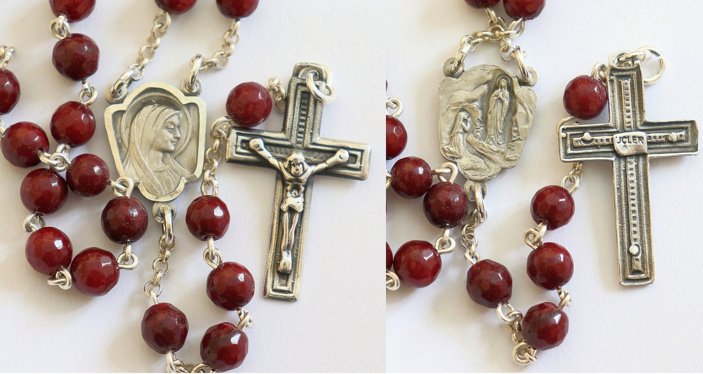 Catholic Chain Rosary Genuine Faceted Ruby and Sterling Silver