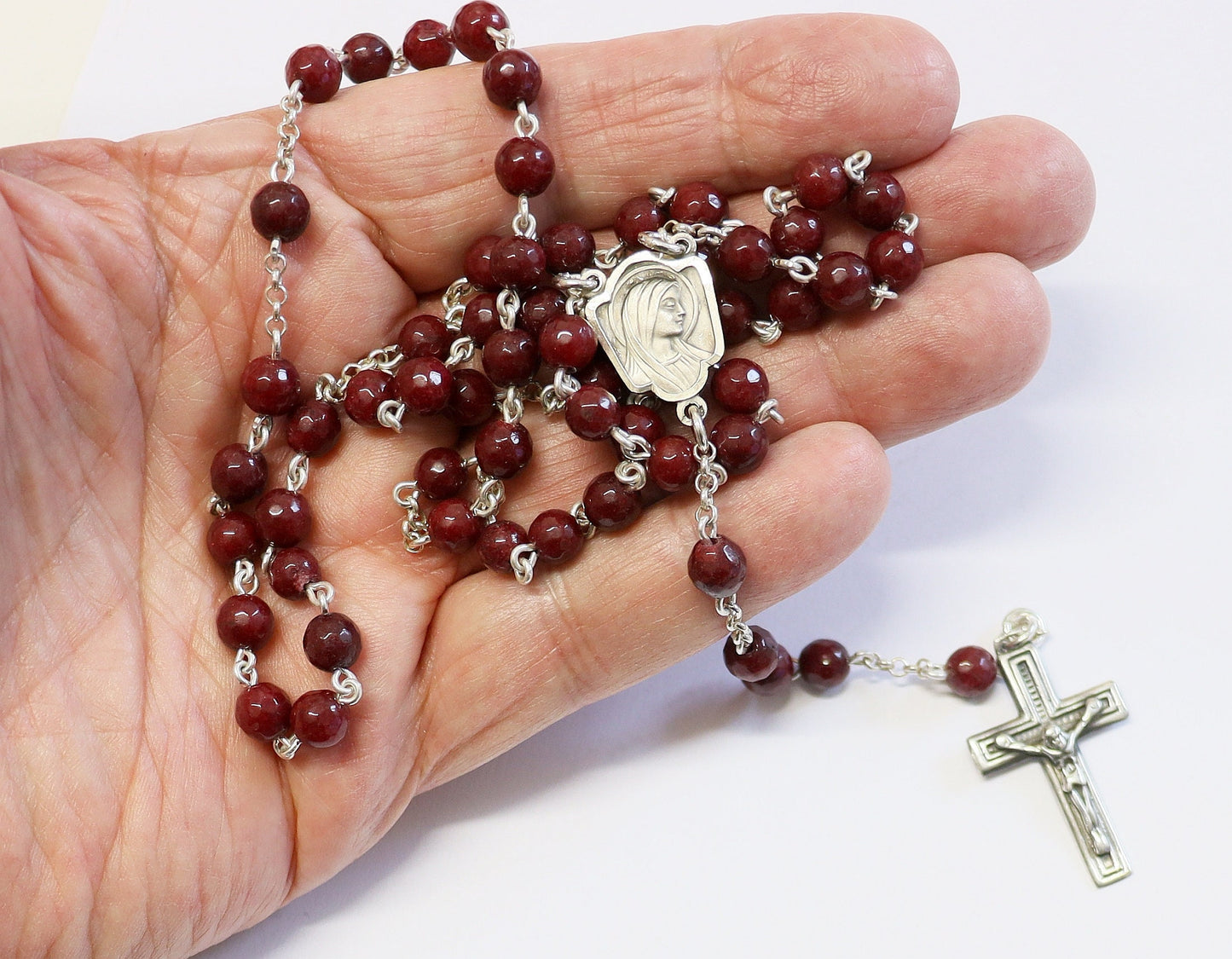 Catholic Chain Rosary Genuine Faceted Ruby and Sterling Silver