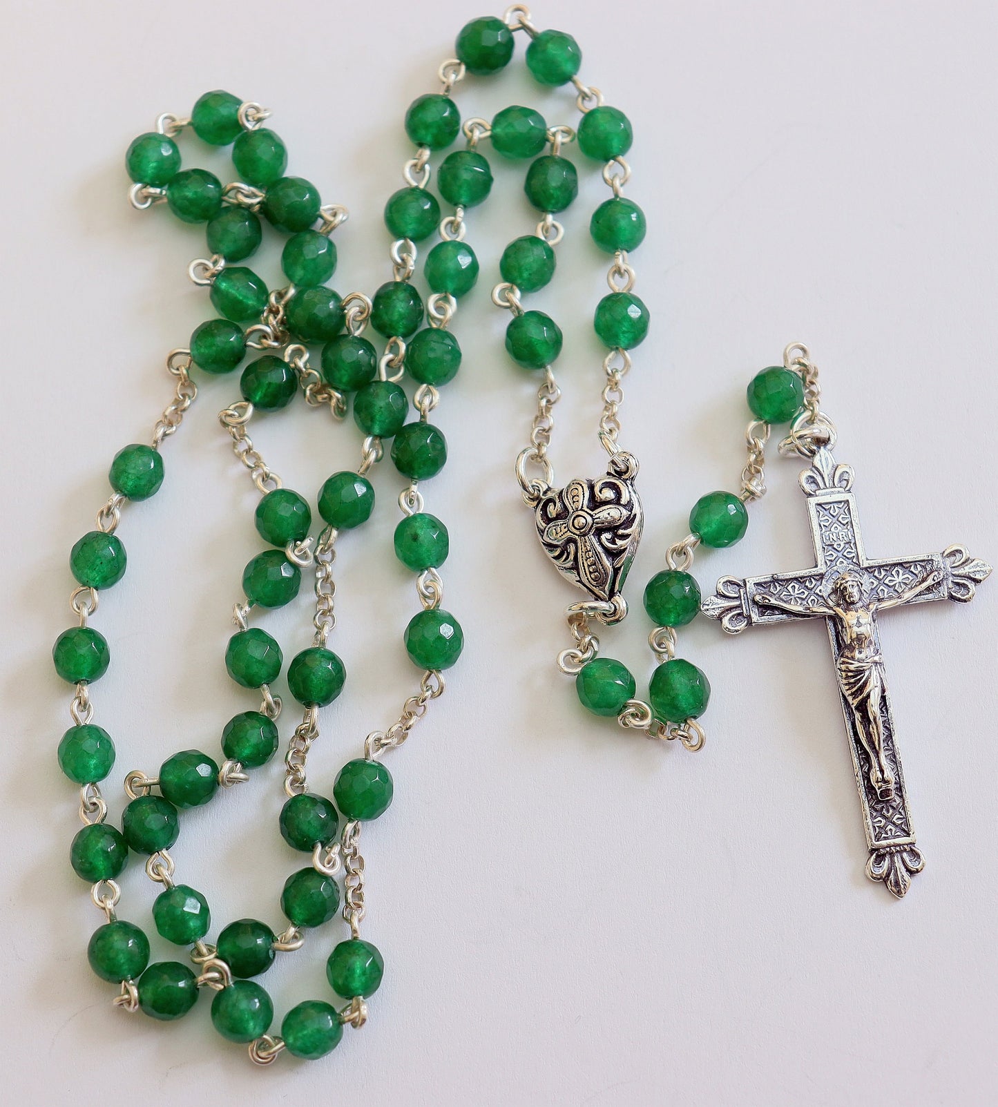 Catholic Chain Rosary Genuine Faceted Emerald and Sterling Silver