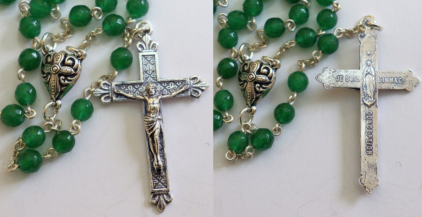 Catholic Chain Rosary Genuine Faceted Emerald and Sterling Silver