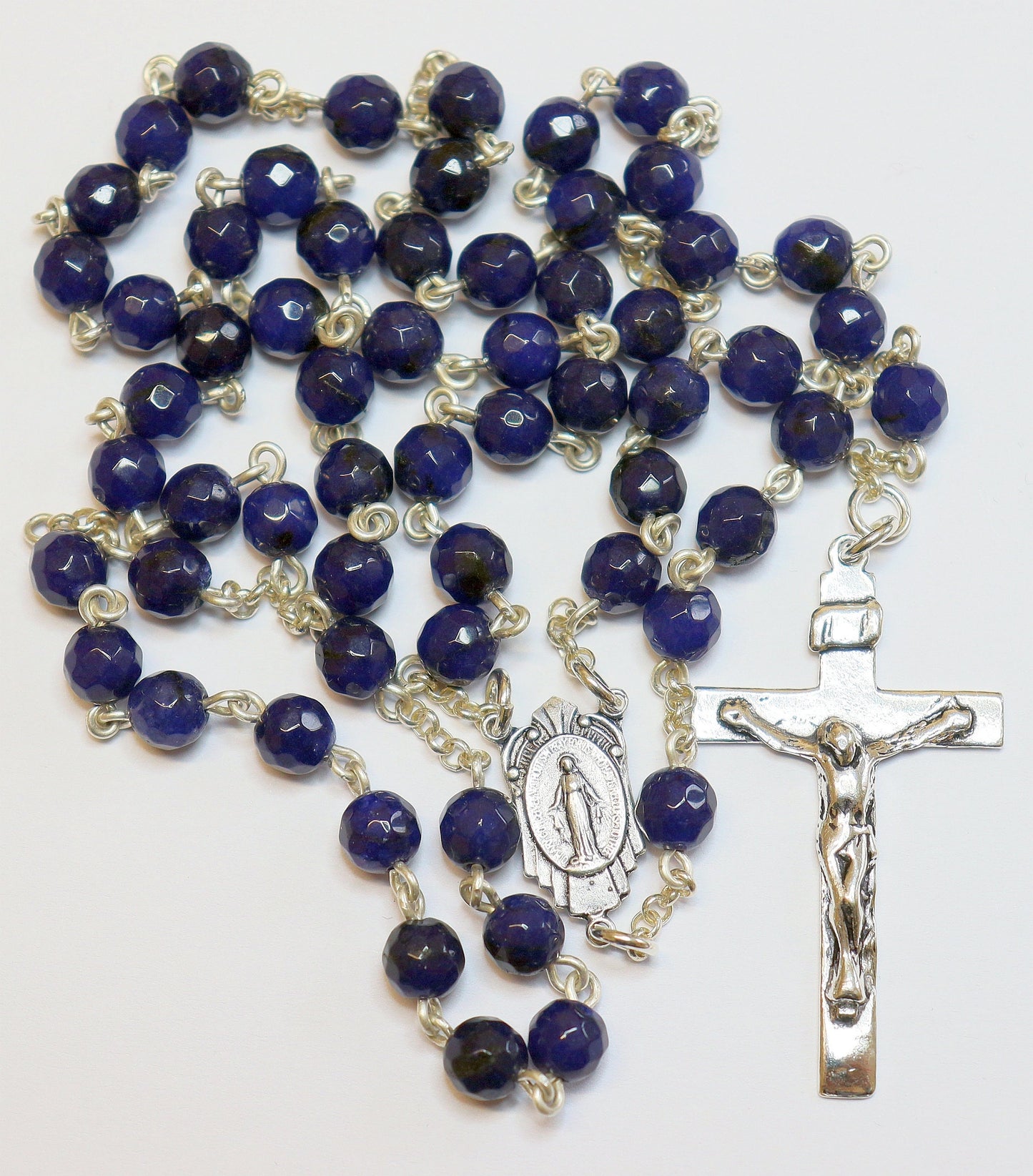 Catholic Chain Rosary Genuine Faceted Sapphire and Sterling Silver