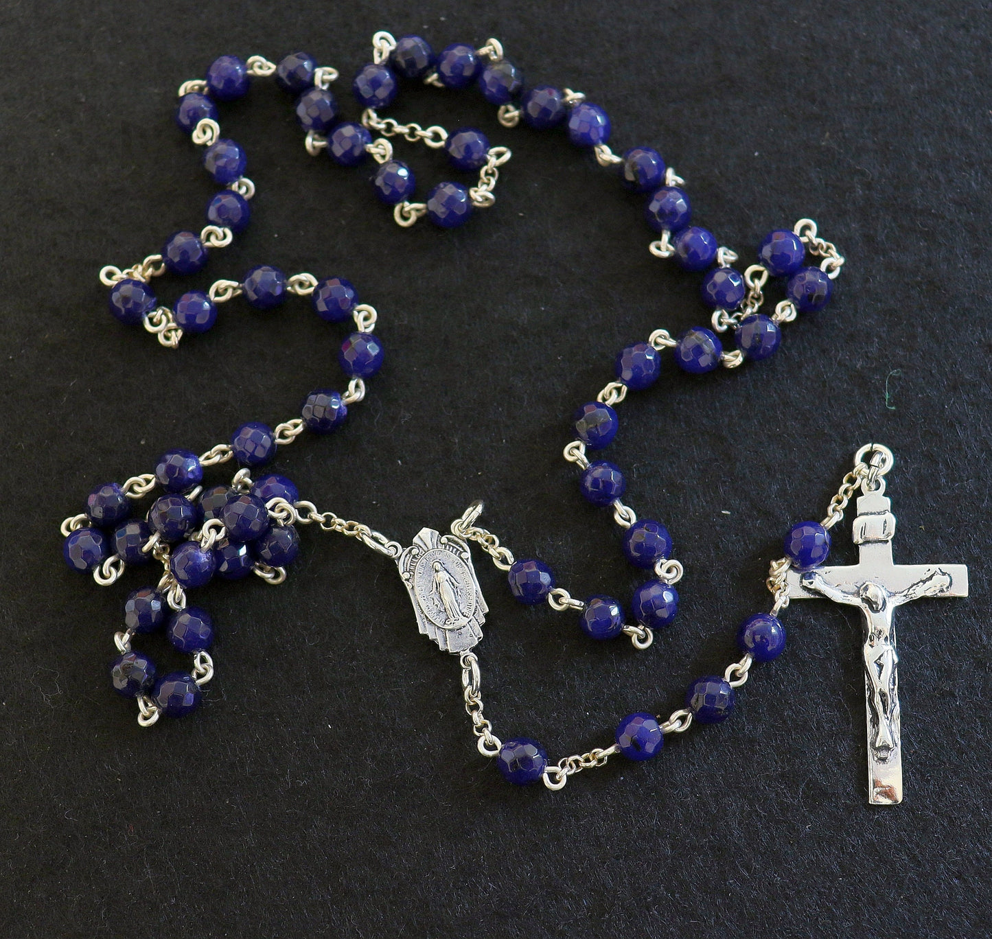 Catholic Chain Rosary Genuine Faceted Sapphire and Sterling Silver