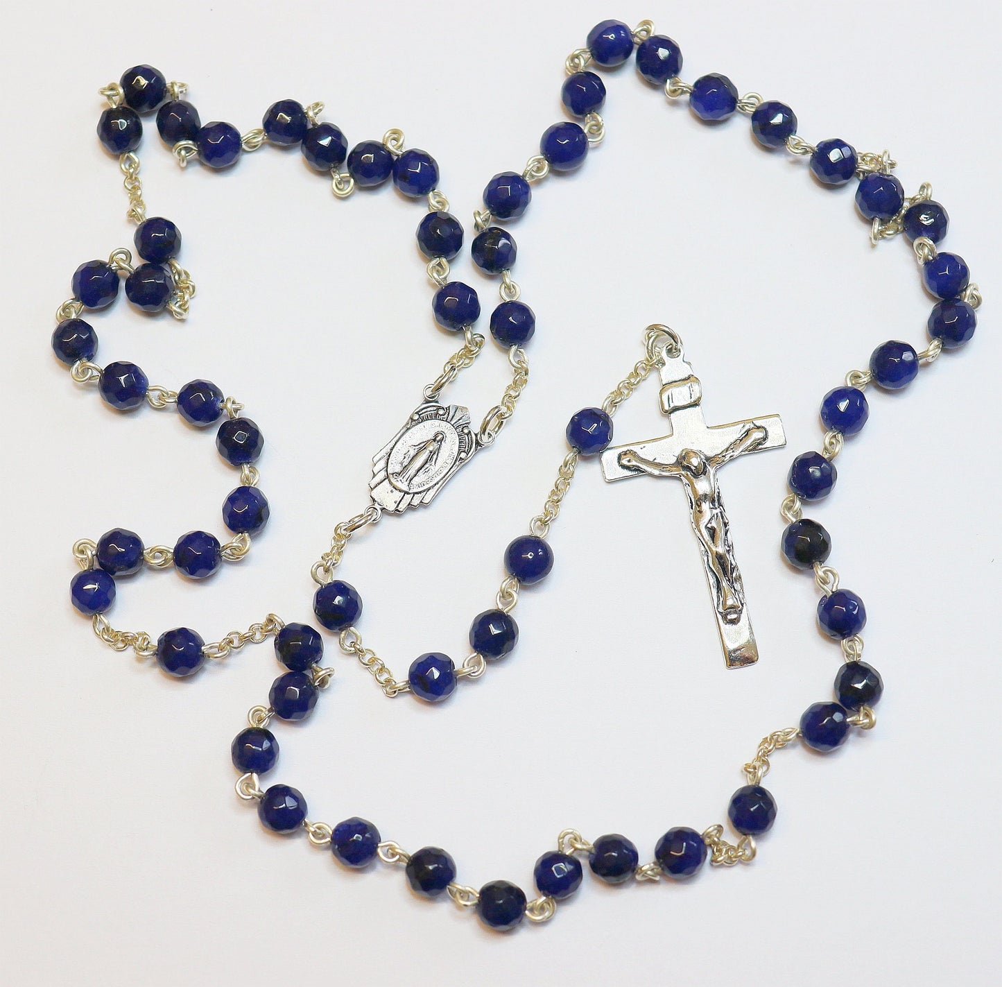 Catholic Chain Rosary Genuine Faceted Sapphire and Sterling Silver