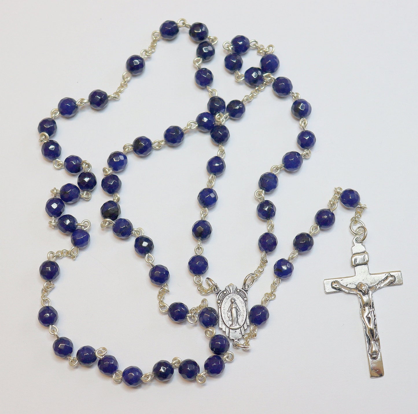 Catholic Chain Rosary Genuine Faceted Sapphire and Sterling Silver