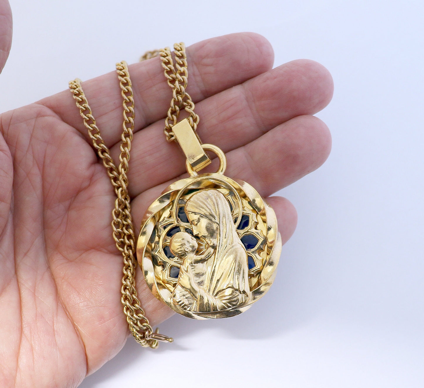Plique-à-Jour Vintage Gold Plated V. Large Mary & Jesus Pendant w Chain by Augis
