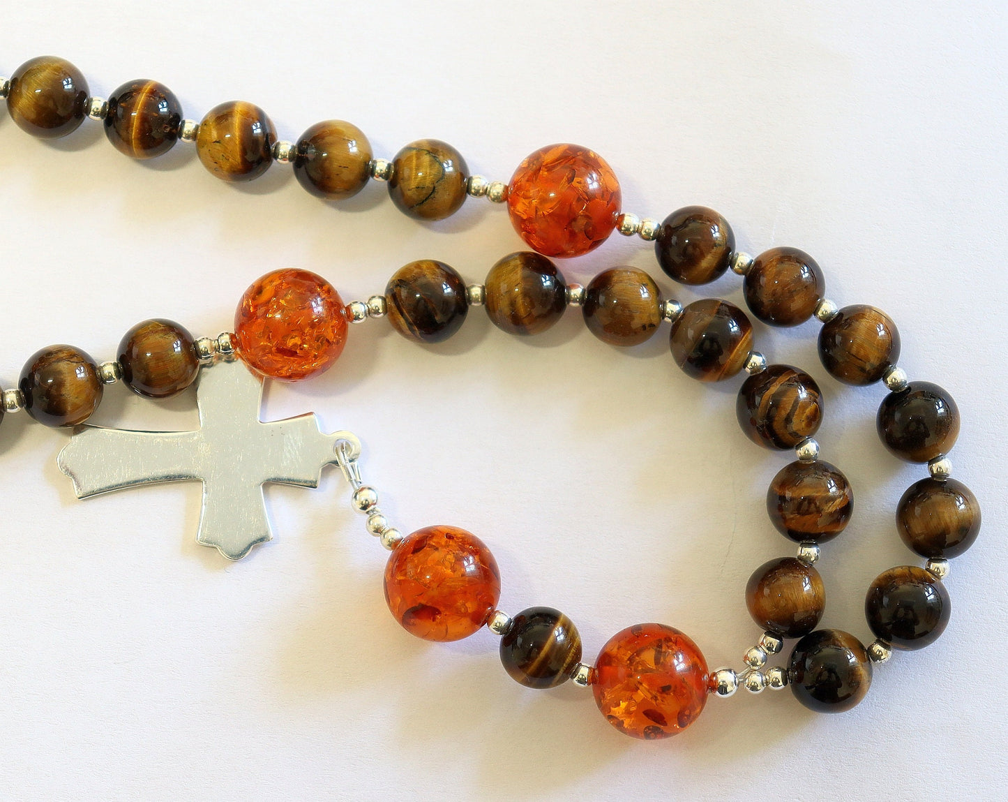 Anglican Episcopal Rosary Prayer Beads Tiger Eye, Amber and Sterling Silver