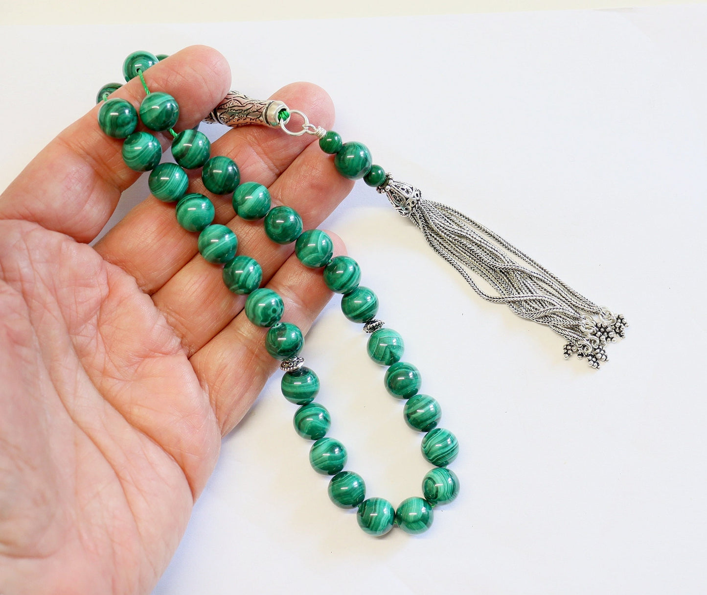 Luxury Prayer Beads Tesbih Rosary AA Grade Malachite & Sterling Silver -Top quality - Large item, Collector's