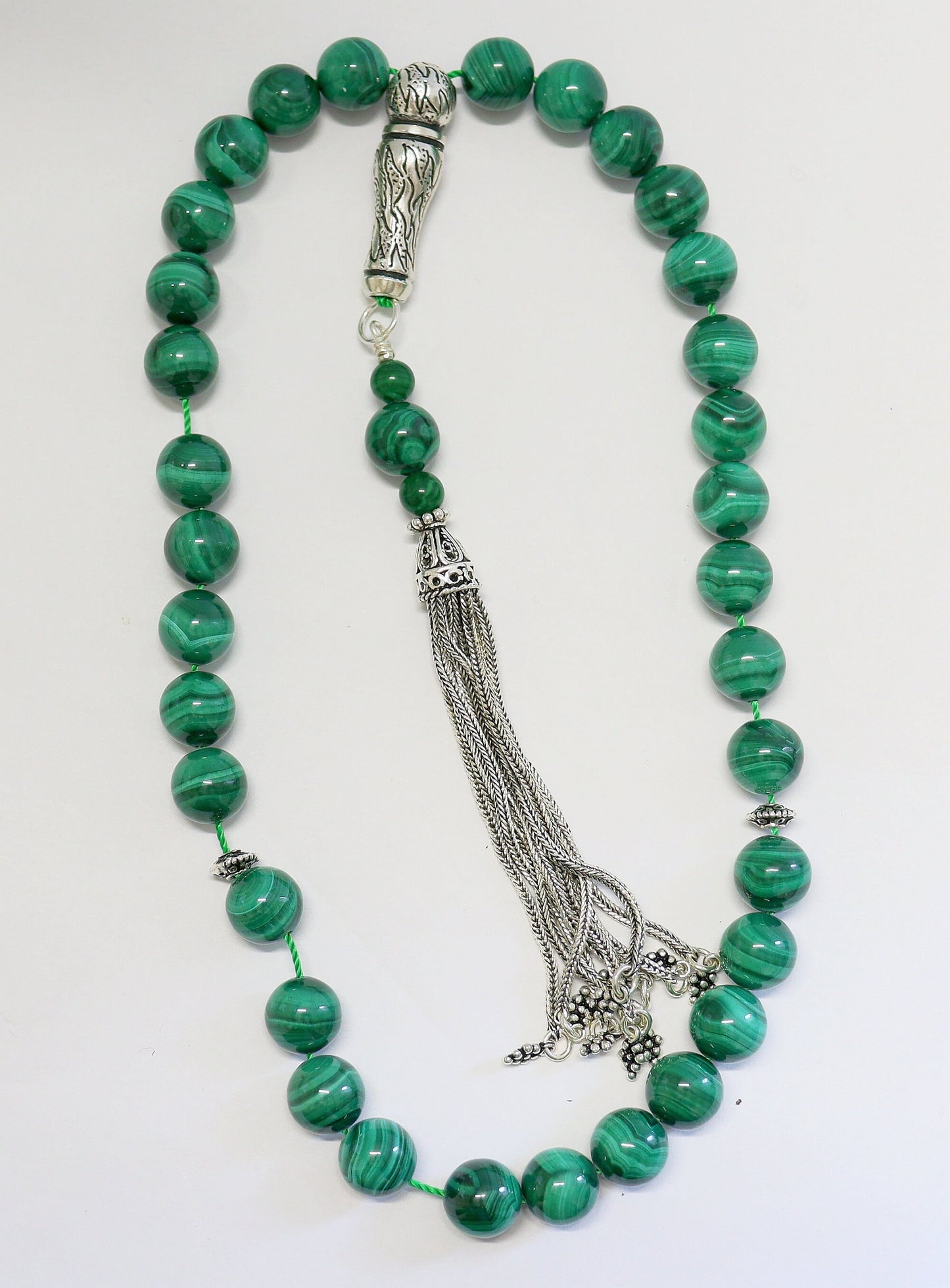 Luxury Prayer Beads Tesbih Rosary AA Grade Malachite & Sterling Silver -Top quality - Large item, Collector's