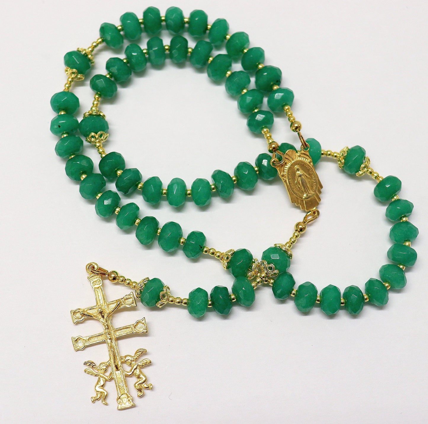 Catholic Rosary Genuine Faceted Emerald & Vermeil w Caravaca Cross