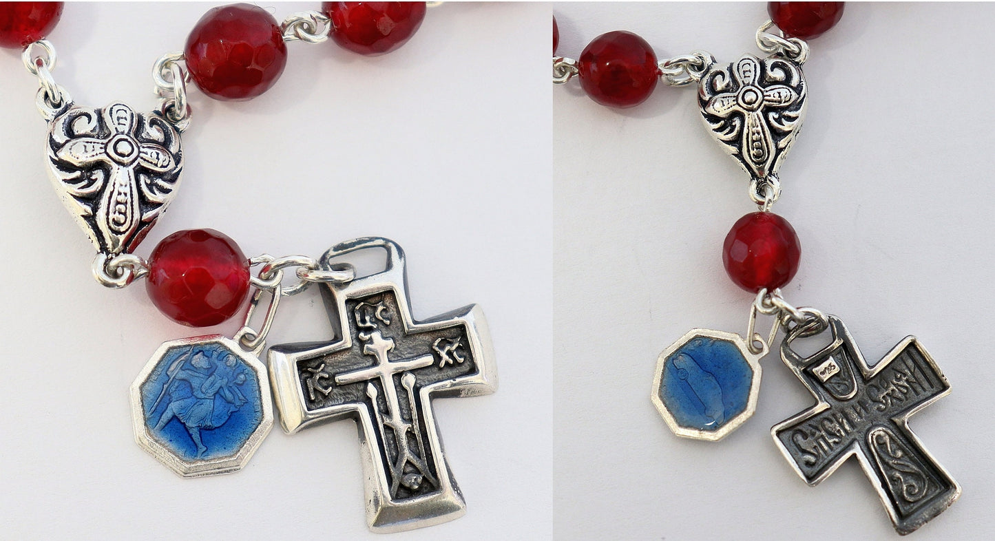 Catholic Rosary Bracelet Faceted Garnet & Sterling Silver