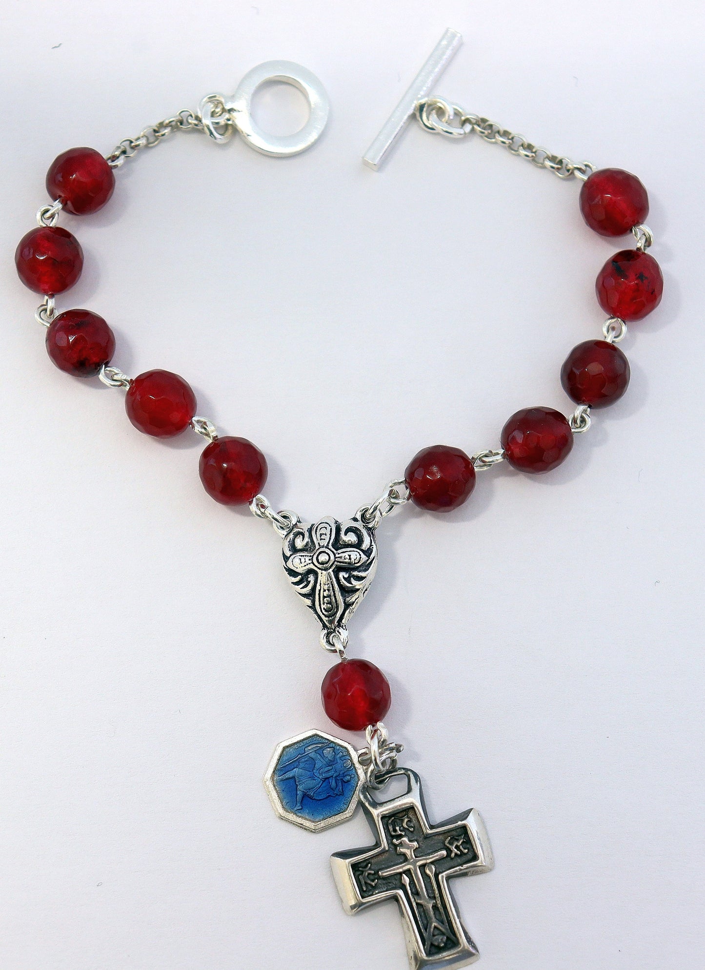 Catholic Rosary Bracelet Faceted Garnet & Sterling Silver