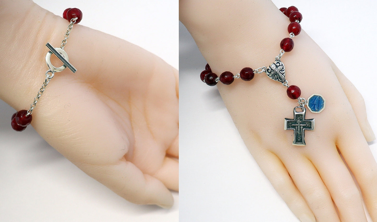 Catholic Rosary Bracelet Faceted Garnet & Sterling Silver