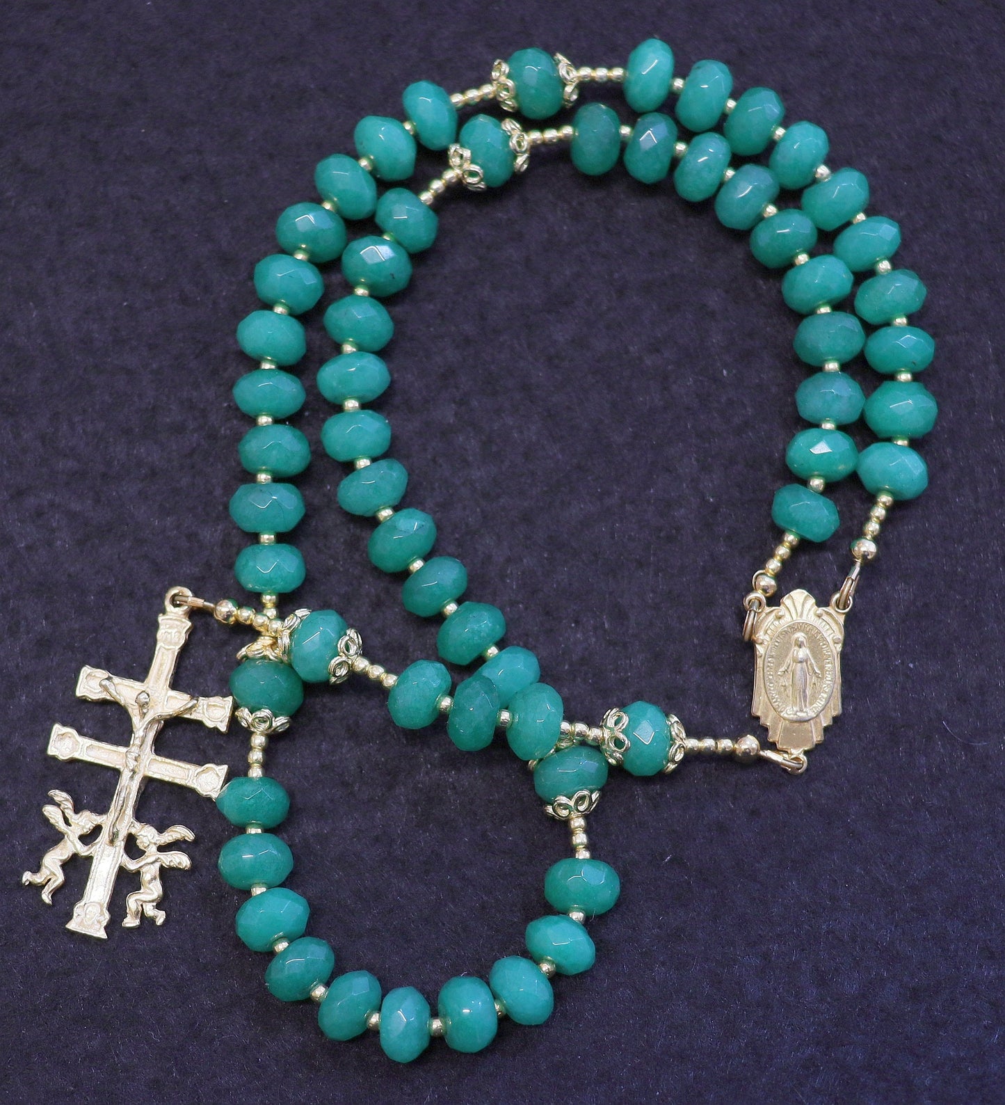 Catholic Rosary Genuine Faceted Emerald & Vermeil w Caravaca Cross