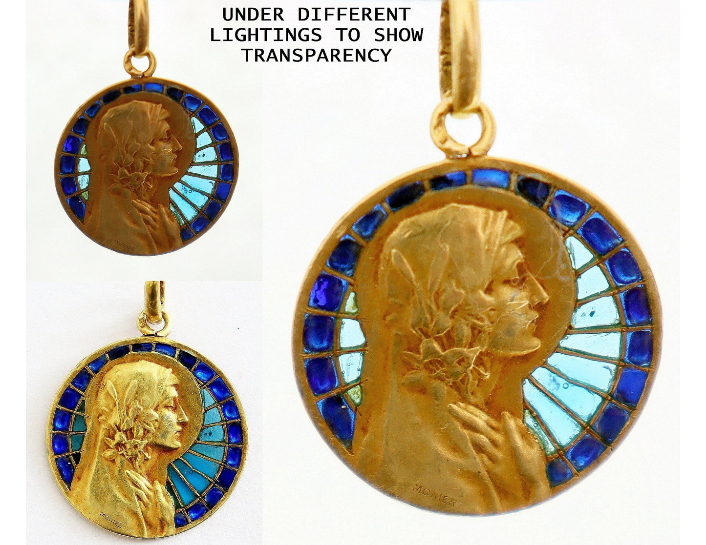 Art Deco Pendant 18 K Gold Plique-à-Jour Medal : Virgin Mary with lilies w Chain