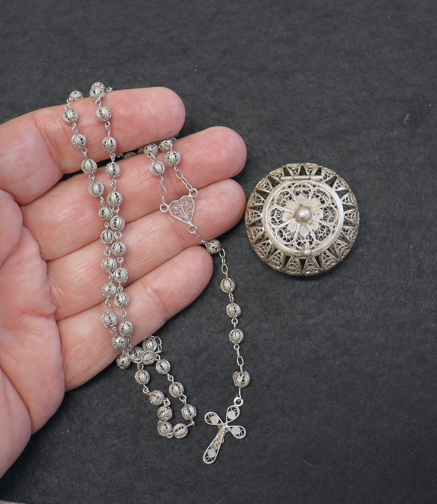 Vintage Sterling Silver Filigree Catholic Rosary and Round Box Set - Rare