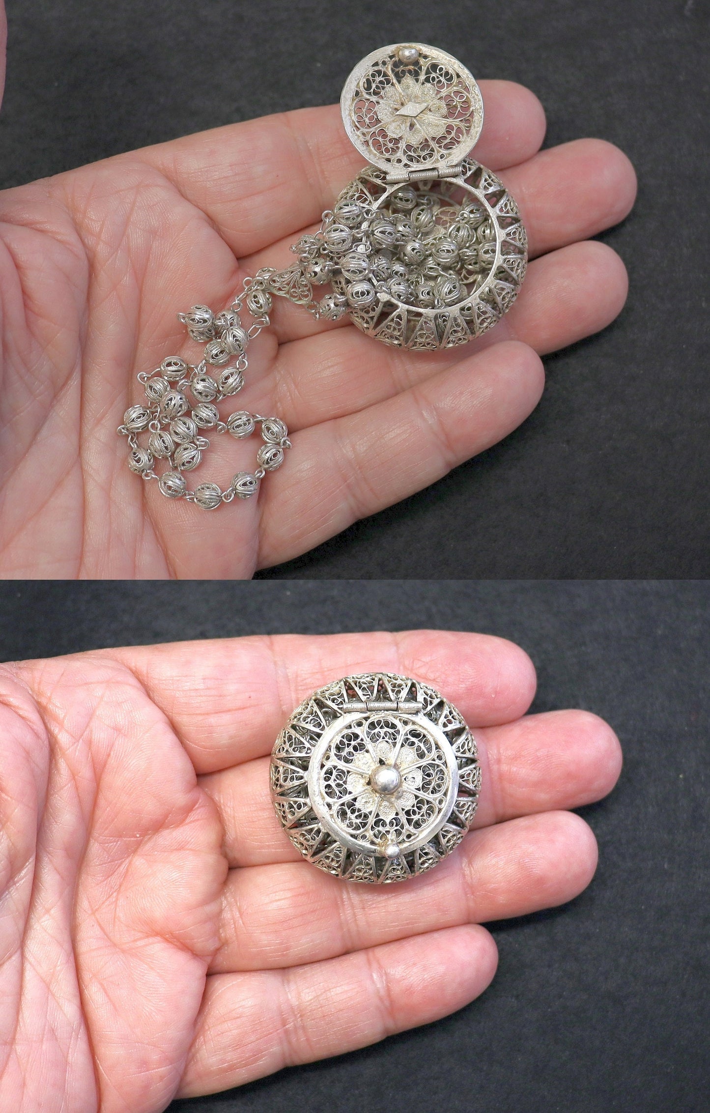 Vintage Sterling Silver Filigree Catholic Rosary and Round Box Set - Rare