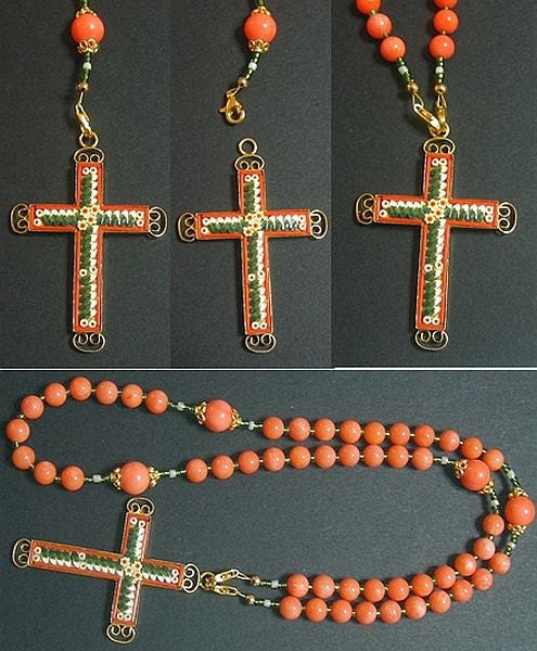 Wearable Catholic Rosary Salmon Coral Vermeil Micro Mosaic Cross - Exquisite - Rare