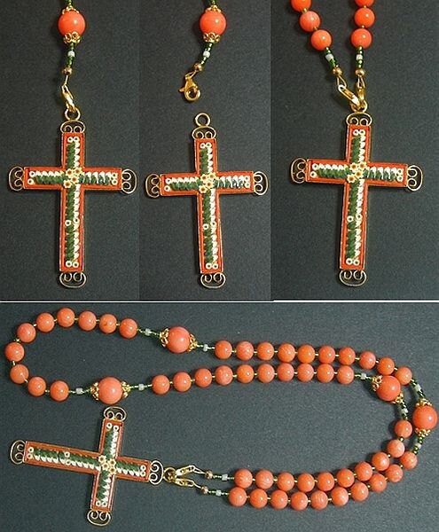 Wearable Catholic Rosary Salmon Coral Vermeil Micro Mosaic Cross - Exquisite - Rare
