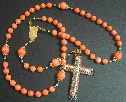 Wearable Catholic Rosary Salmon Coral Vermeil Micro Mosaic Cross - Exquisite - Rare