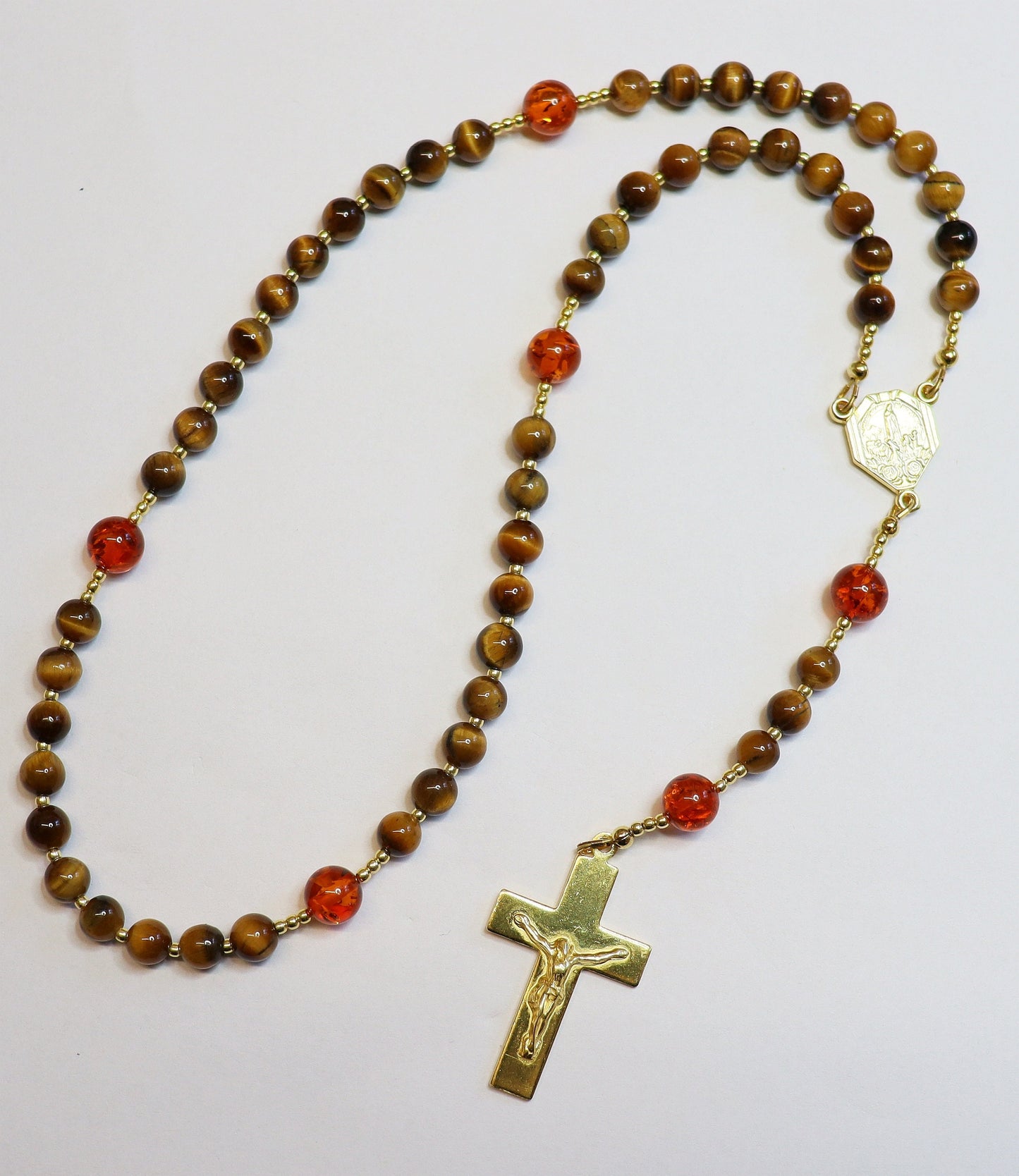 Our Lady of Fatima Catholic Rosary Prayer Beads - Tiger Eye, Vermeil and Amber