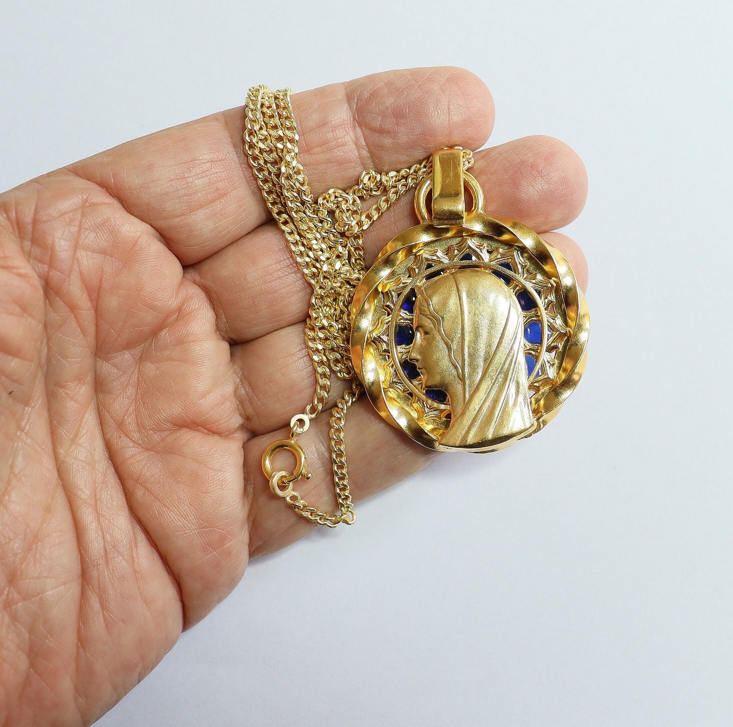 Virgin Mary Plique-à-Jour Vintage Gold Plated V. Large Pendant w Chain by Augis