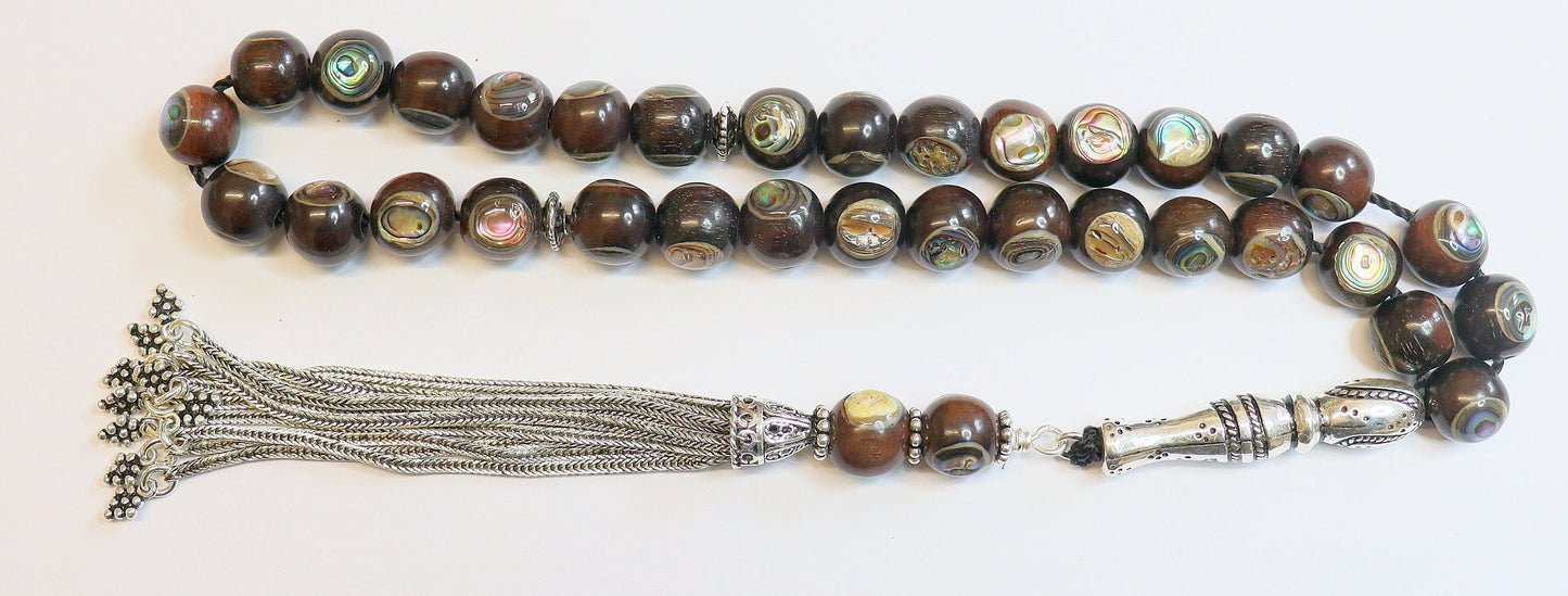 Tesbih Prayer Worry Beads Ebony Inlaid with Paua Shell - Sterling Silver - Unique Collector's XXR