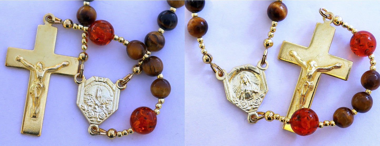 Our Lady of Fatima Catholic Rosary Prayer Beads - Tiger Eye, Vermeil and Amber