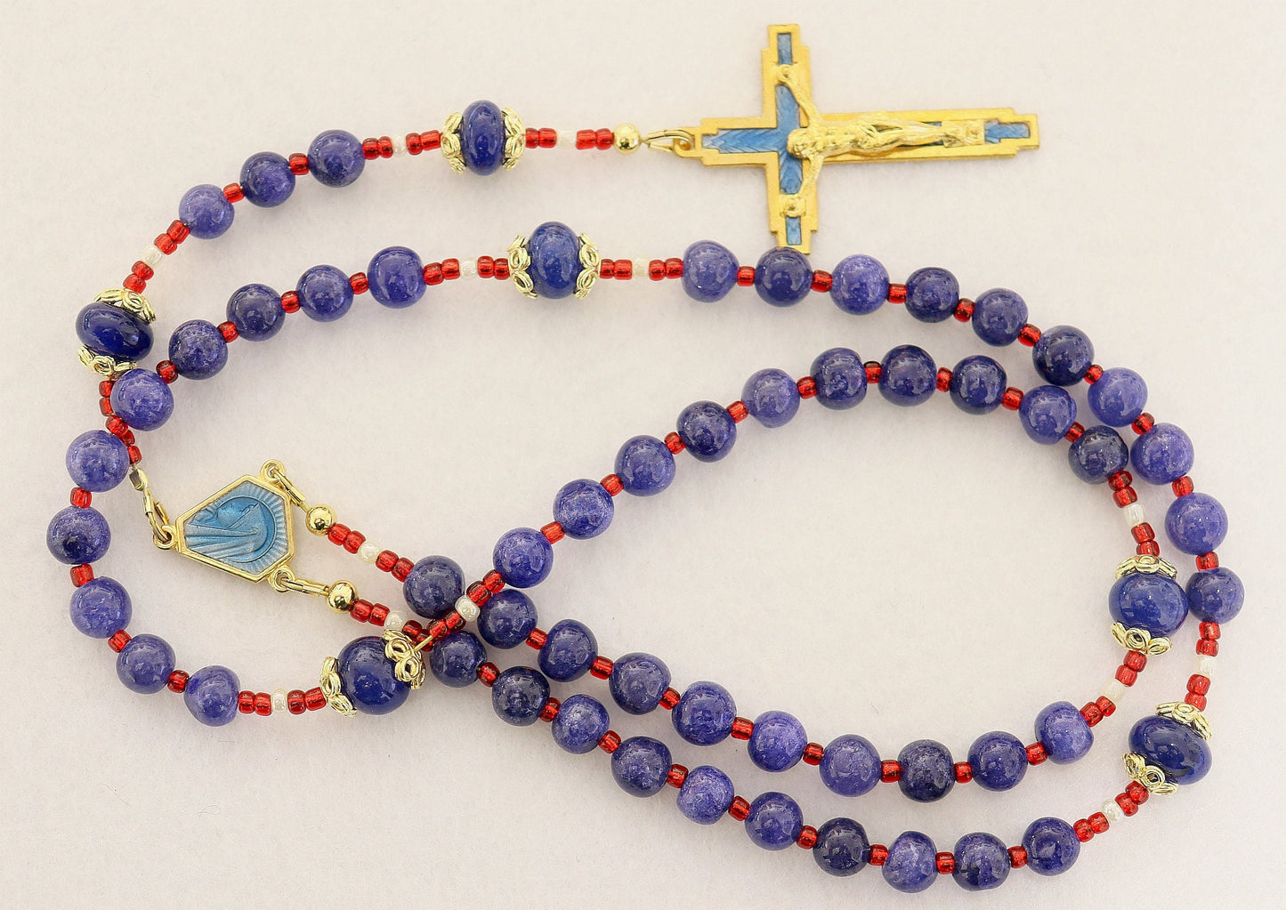 Catholic Rosary Genuine Round Clear Sapphire - Vintage Enameled Cross and Center