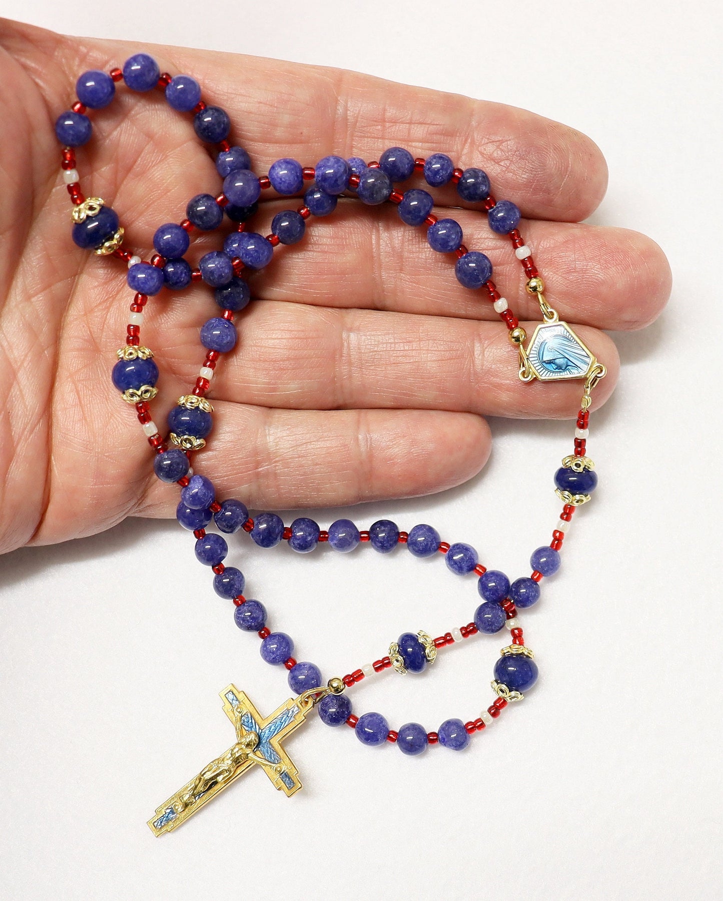 Catholic Rosary Genuine Round Clear Sapphire - Vintage Enameled Cross and Center