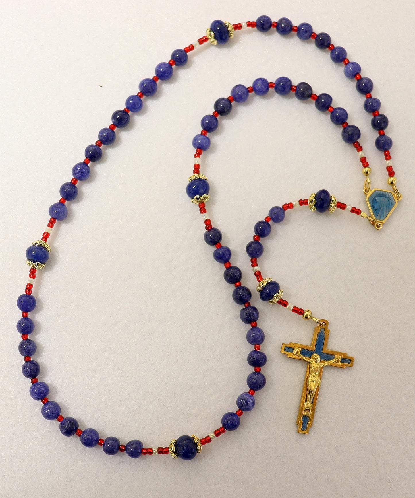 Catholic Rosary Genuine Round Clear Sapphire - Vintage Enameled Cross and Center