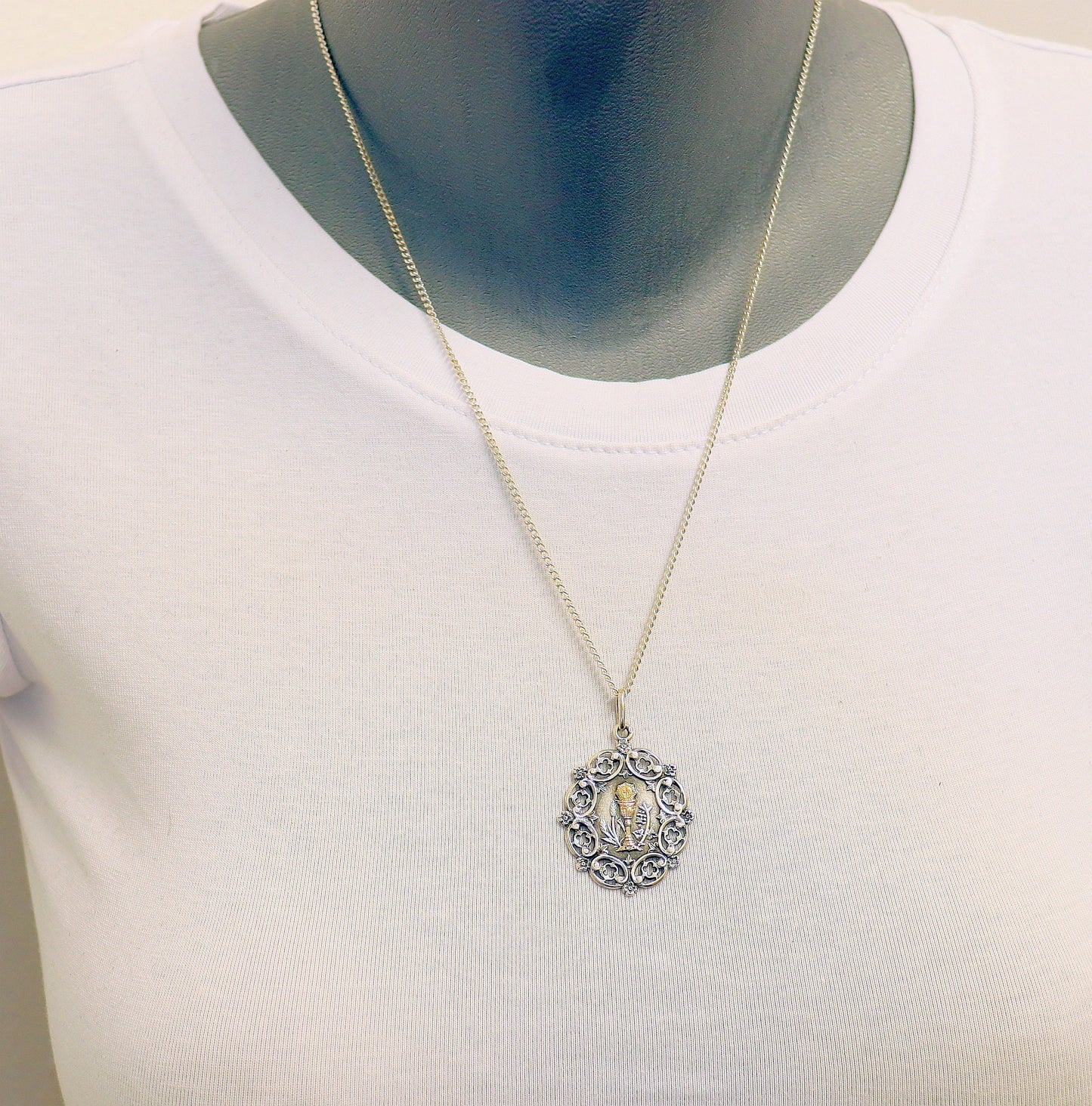 Rare Art Nouveau Sterling Silver and Gold Chalice First Communion Medal and Chain ca. 1900