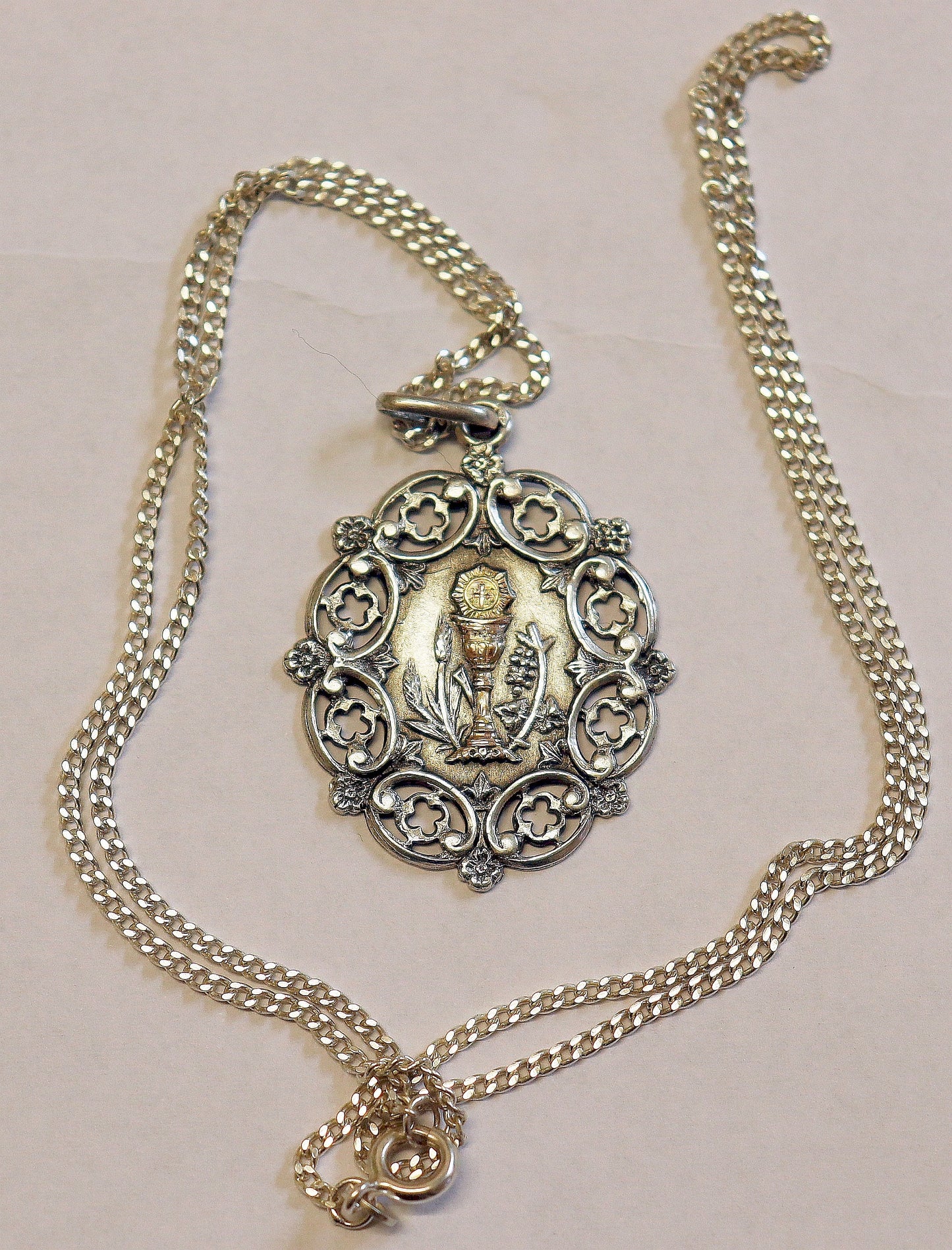 Rare Art Nouveau Sterling Silver and Gold Chalice First Communion Medal and Chain ca. 1900